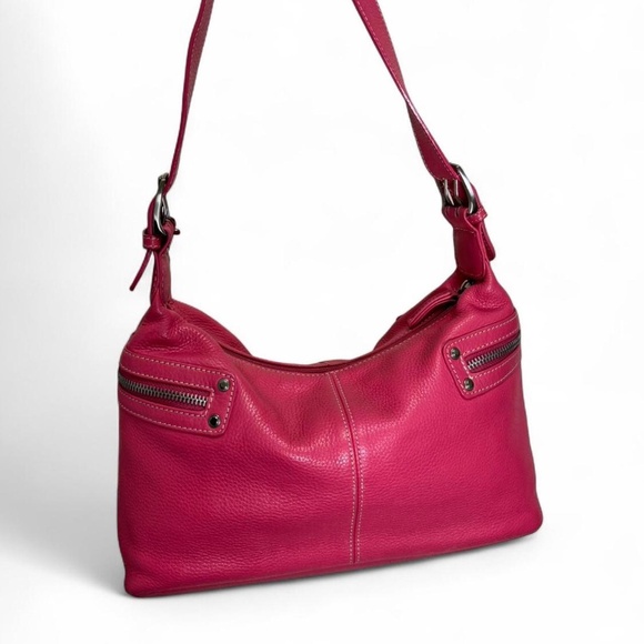 Tignanello hot pink leather shoulder bag Y2K 2000s purse silver zip  Genuine lea - Picture 7 of 7